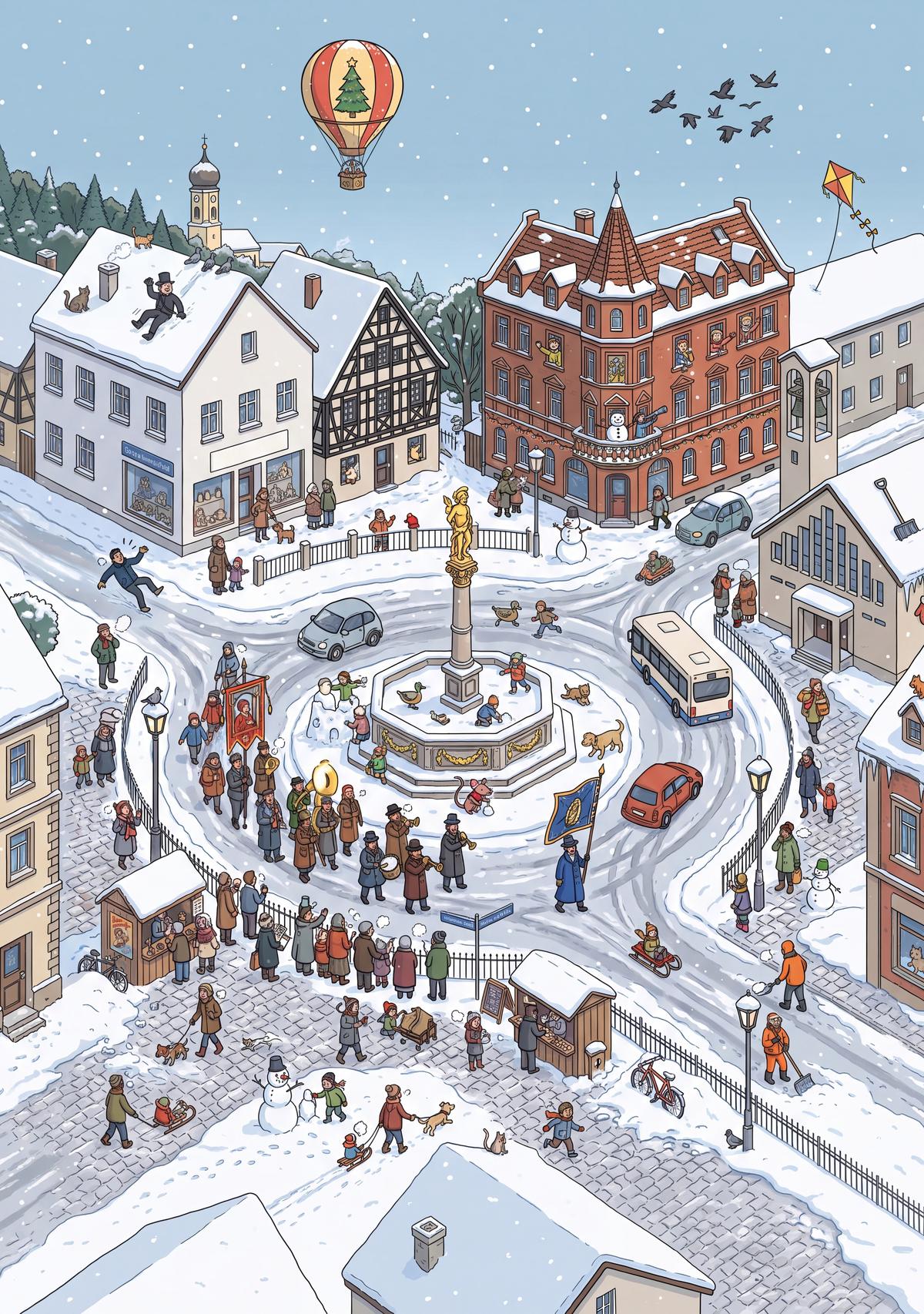 Wimmelbild 9: Sebastianiplatz mit Sebastiansbrunnen